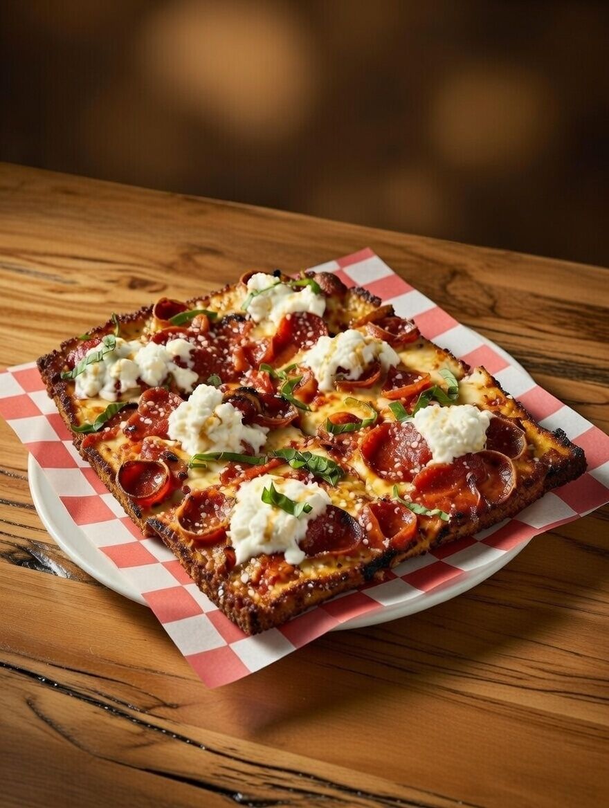 Miles of Pepperoni Detroit-style pizza with cup-and-char pepperoni, burrata, basil, and hot honey drizzle at Scooters Pizza Kitchen, Sanibel FL
